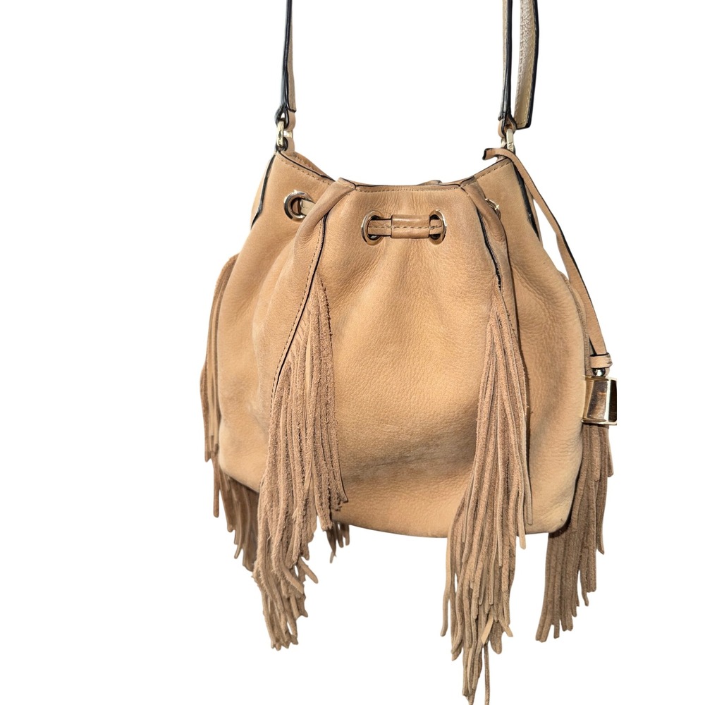 Diane von Furstenberg Tan Suede boho western Fringe Bucket Bag Crossbody - Picture 3 of 6